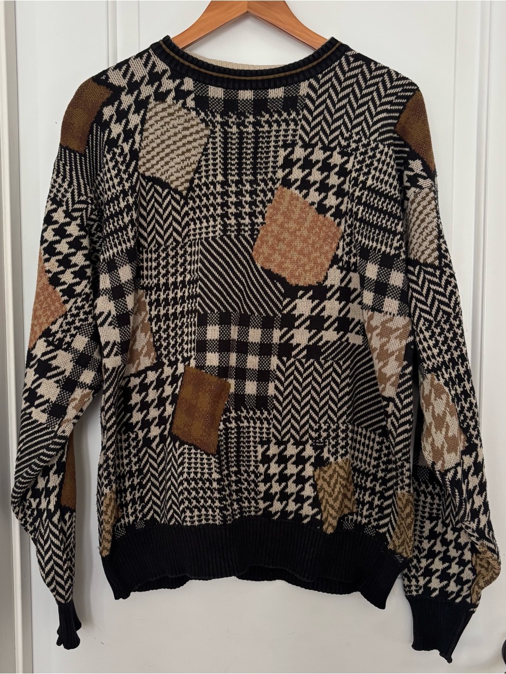 Neiman Marcus vintage patchwork houndstooth sweater M? Cotton knit 90s academia